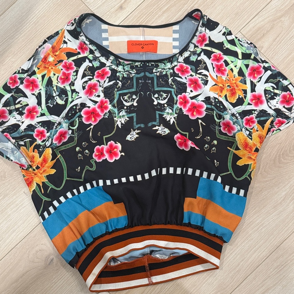 Clover Canyon Floral Crop Top - Black, Pink, Orange, Blue